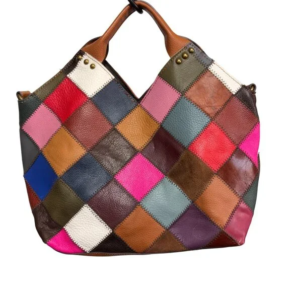 Booba Patchwork Leather Tote Bag Multicolor Squares Brown Handles Dopamine Boho - Picture 1 of 16